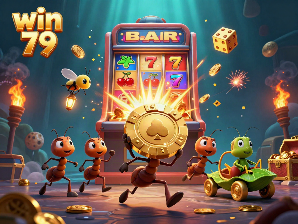 Engage in thrilling gameplay with win 79 as ants carry a massive poker chip, surrounded by casino elements.