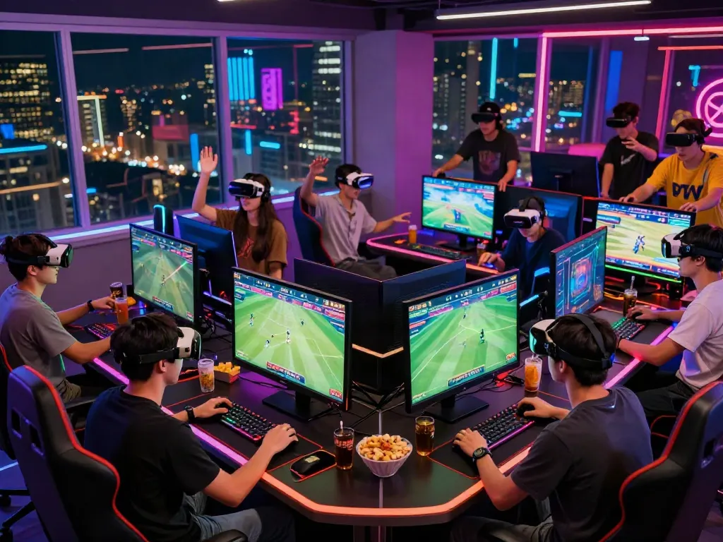 Friends enjoying fast-paced gaming experience at man88 online casino, surrounded by vibrant decor.
