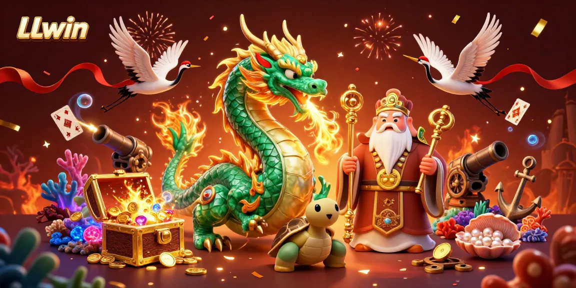 Immerse in the LLwin adventure as a jade dragon breathes fire through a vibrant casino scene, rich in treasures and game elements.