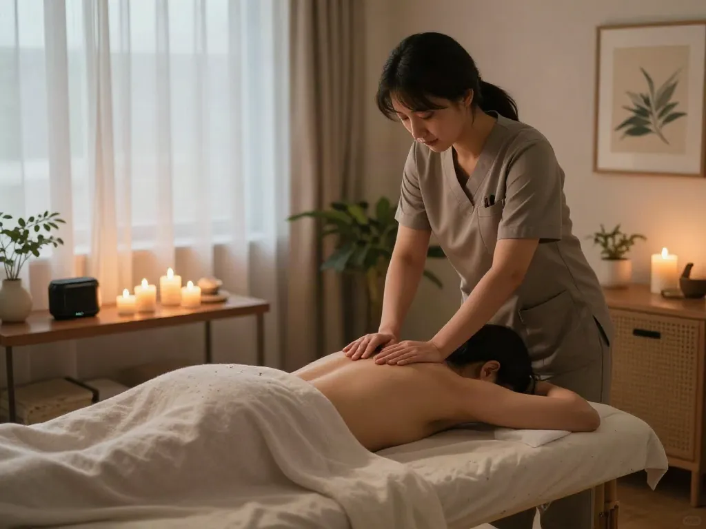 Providing 마포출장안마 in a cozy home setting with a professional therapist, candles, and soft lighting.