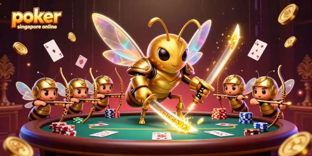 Experience poker singapore online with dynamic scenes of golden hornets battling over poker chips and cards.