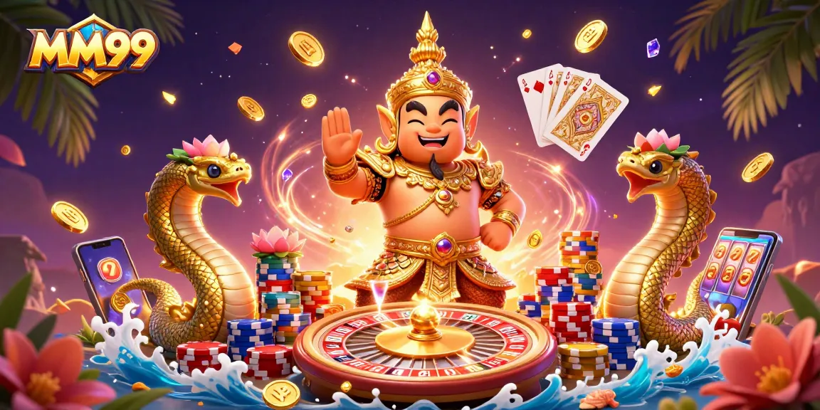 Engage in thrilling games at MM99 with a vibrant 3D casino illustration showcasing golden guardians and rewards.