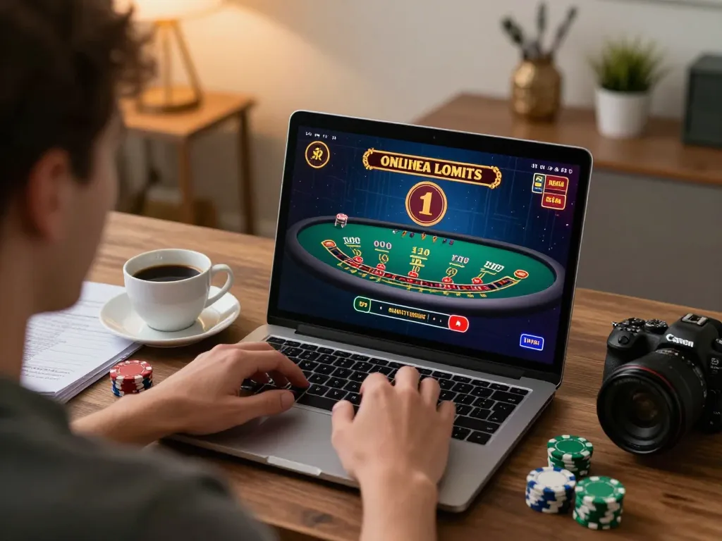 Engaging in online casino gaming at https://tr88.bio/ with a laptop and virtual dealer table