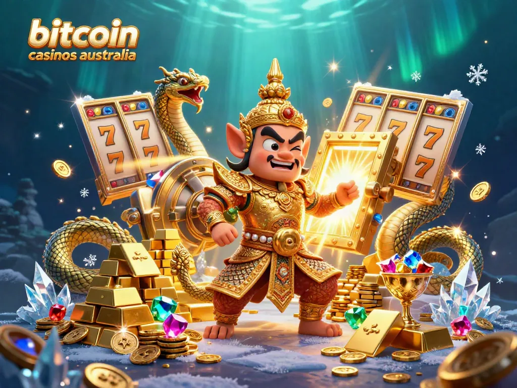 Engage with the vibrant scene of bitcoin casinos australia featuring a yaksha guardian, slot reels, and treasures.