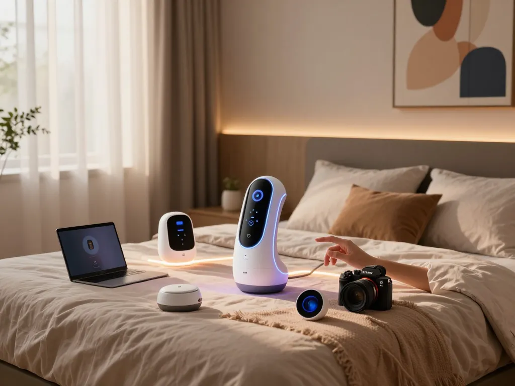 Engaging with AI sex technology in a modern bedroom setting