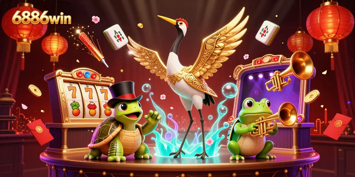 Engage in thrilling gaming excitement at 6886win with vibrant 3D illustrations of jackpots and slot games.
