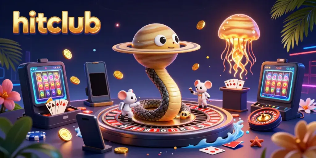 Engage with hitclub's thrilling atmosphere through a vibrant 3D depiction of casino elements.