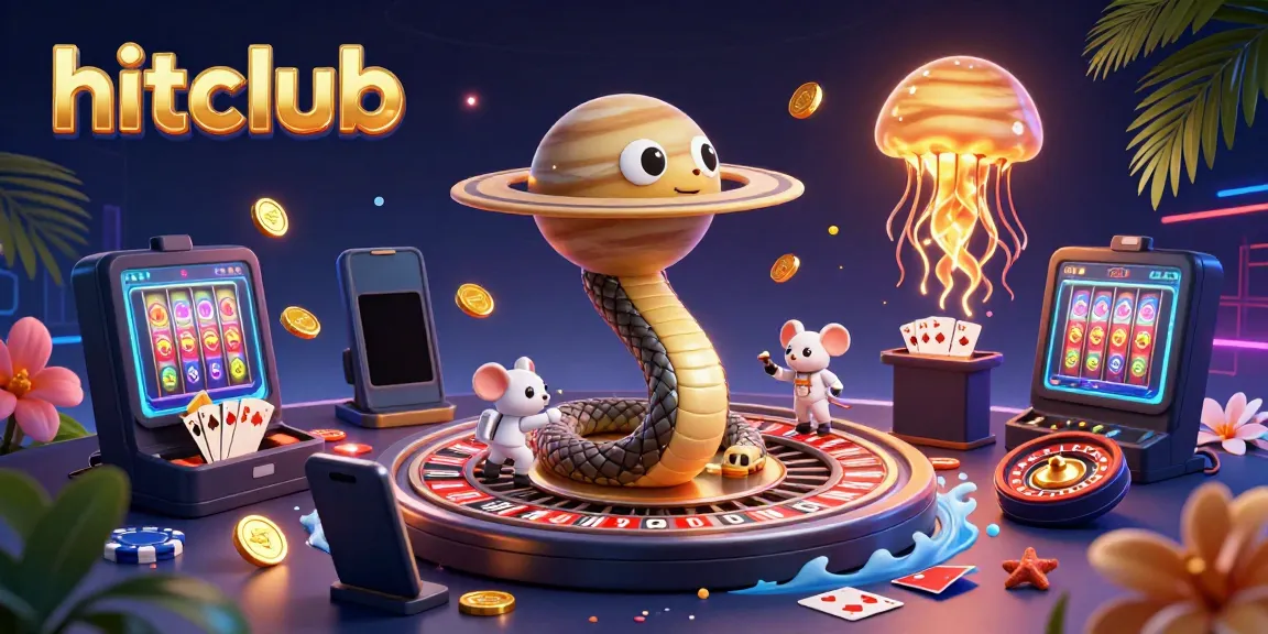 Engage with hitclub's thrilling atmosphere through a vibrant 3D depiction of casino elements.