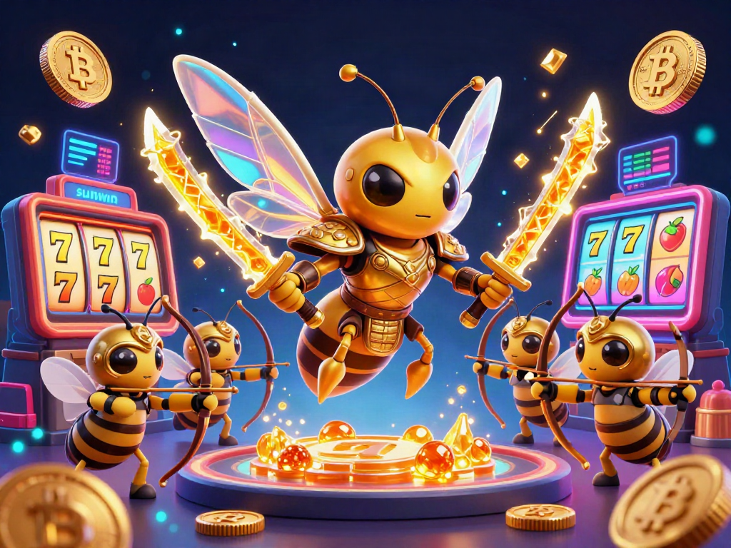 Engage with sunwin in a dynamic casino scene featuring a golden hornet samurai amidst slot reels and crypto elements.