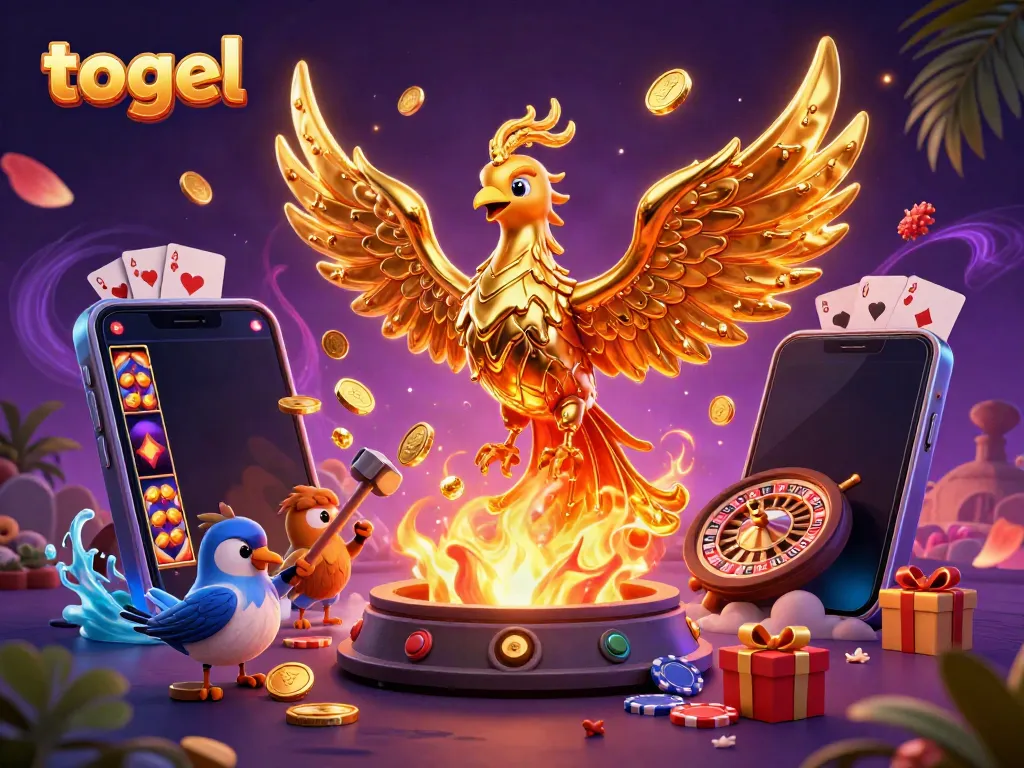 Experience the thrill of togel with a golden phoenix scene showcasing vibrant casino elements and energetic gameplay.