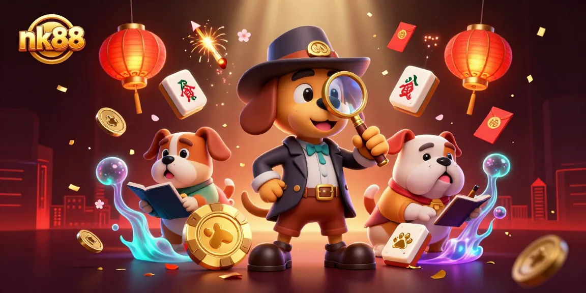 Play and win with nk88 in an adventurous casino illustration featuring lucky elements and treasures.