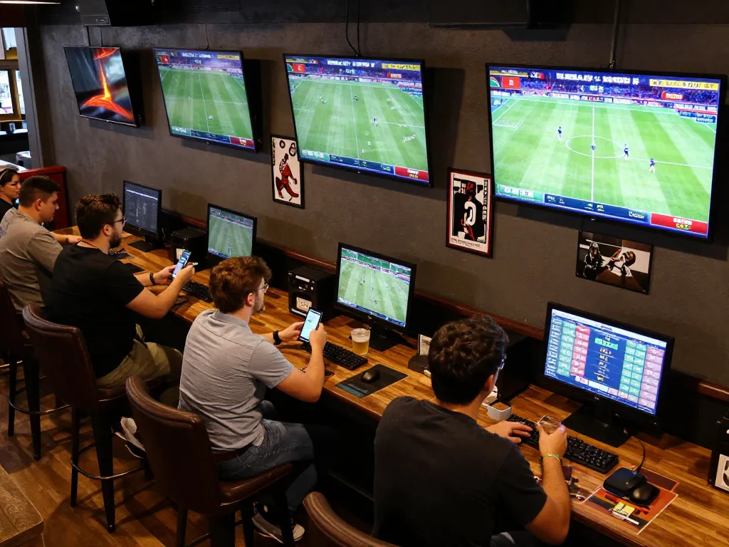 Engaged sports bettors analyzing live events and odds at a vibrant sports bar with nhandinhkeonhacai details.