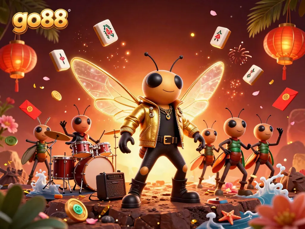 Experience the excitement with go88, featuring dynamic gambling characters celebrating among vibrant casino elements.