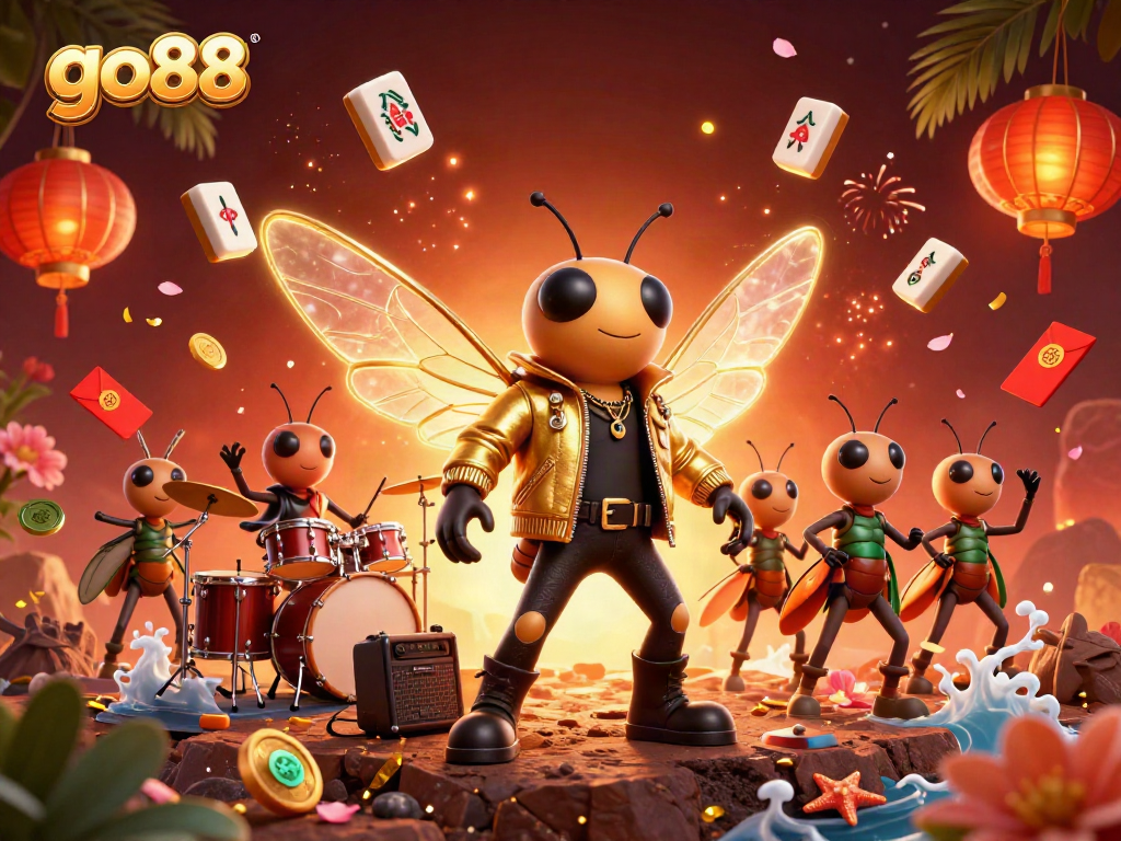 Experience the excitement with go88, featuring dynamic gambling characters celebrating among vibrant casino elements.