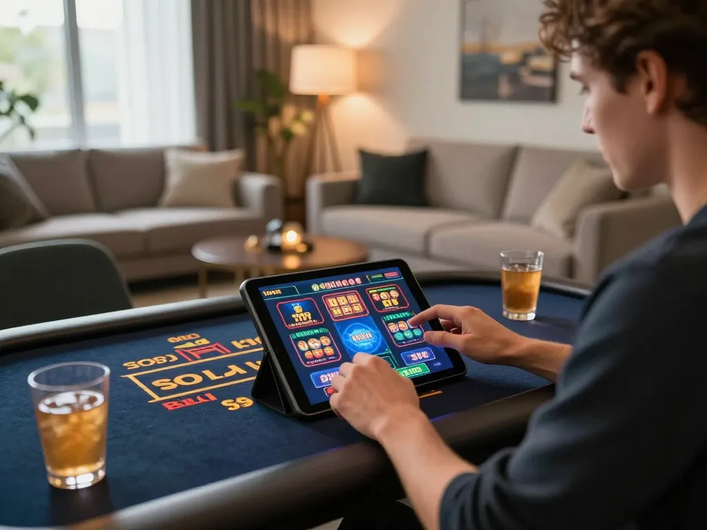 Engaging home gaming scene with a player enjoying sunwin slot games on a tablet.