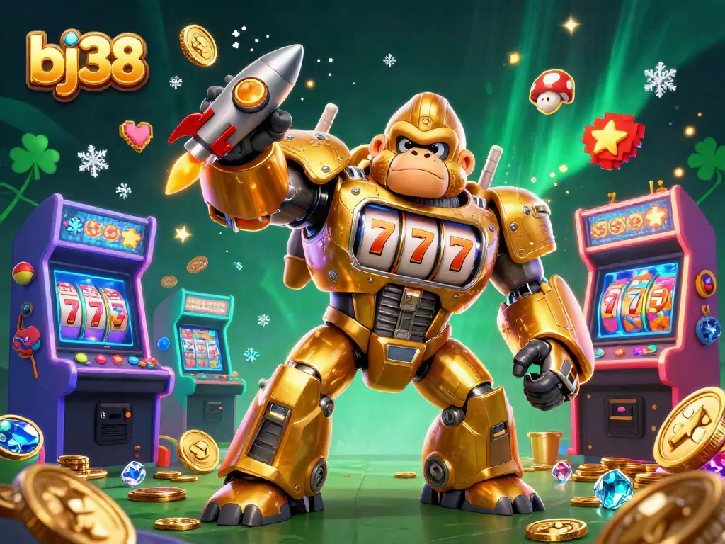 Engage at bj38 with a dynamic illustration of a gorilla mech celebrating slots wins and gaming
