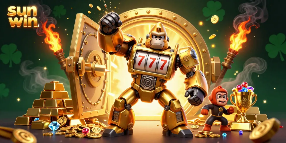 Win big with sun win as you unleash excitement in 3D cartoon slots featuring a golden gorilla mech.