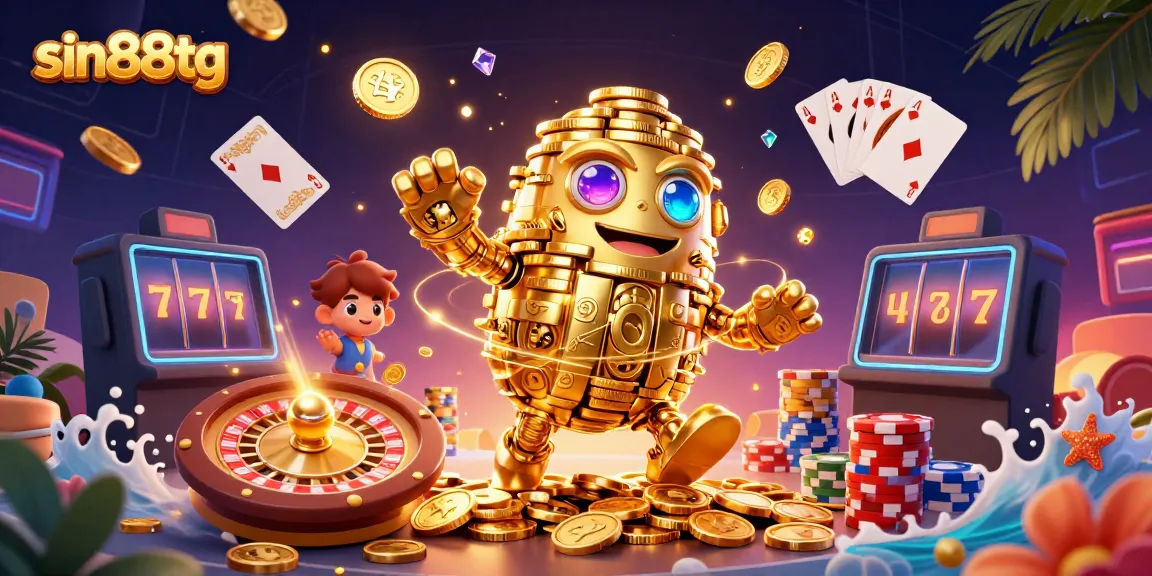 Experience thrilling gameplay at sin88tg with a dazzling 3D golden golem surrounded by casino elements.