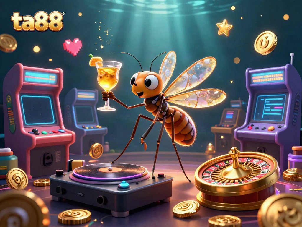 Join the ta88 casino experience with an energetic scene of vibrant characters and gaming elements.