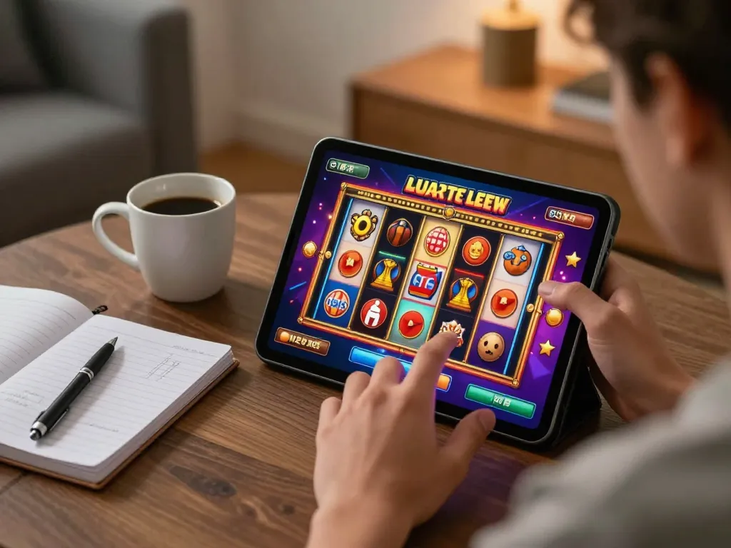 Engaging in slot luar negeri gameplay on a tablet, showcasing vibrant graphics and a cozy setup.