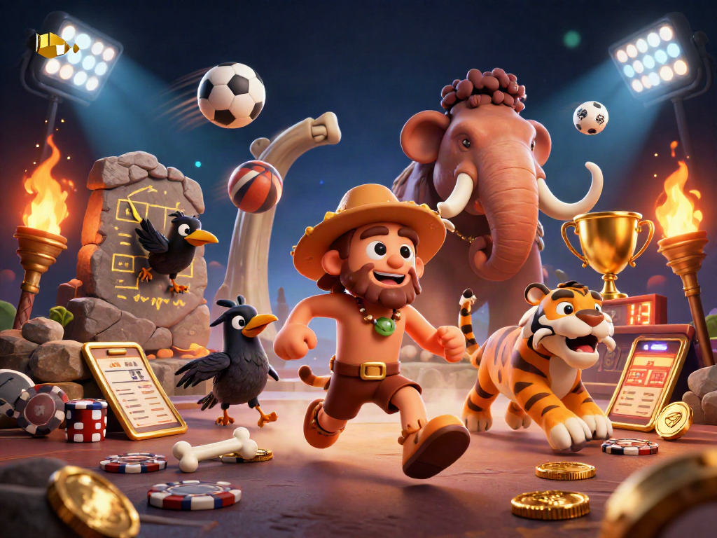 Join the action at IDNSCORE with a lively prehistoric casino scene featuring iconic game elements.