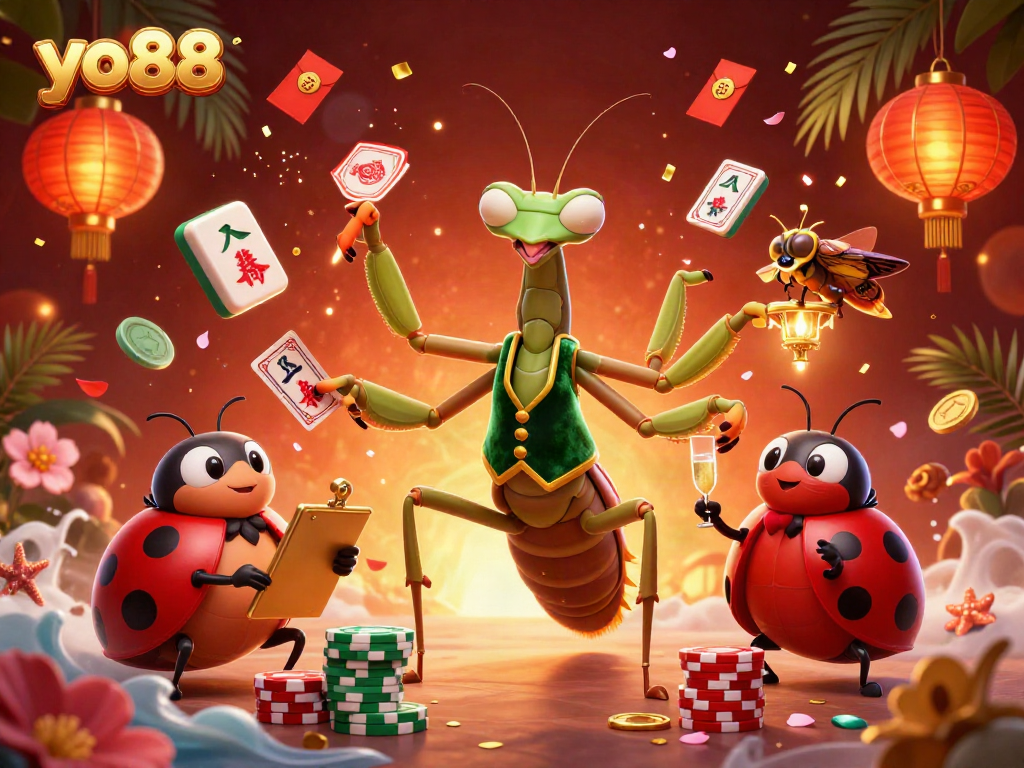 Engage in thrilling gameplay with yo88 as a giant praying mantis card sharp deals cards and shuffles chips.