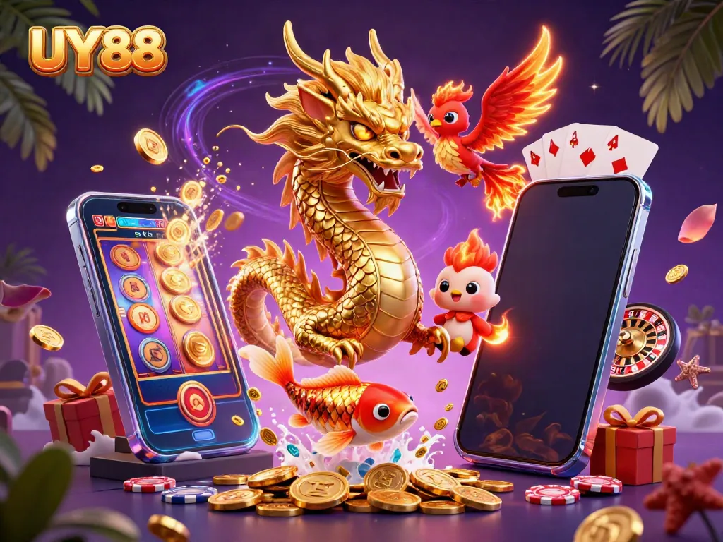 Experience thrilling wins with UY88 as a golden dragon, phoenix, and koi fish celebrate in vibrant casino action.