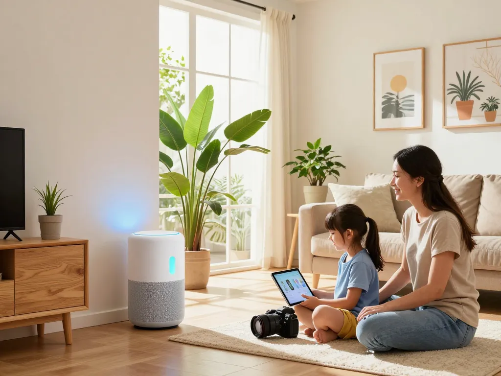 Family engaging with tech gadgets for home in a modern living room.