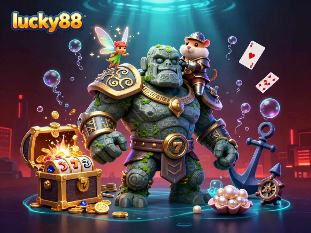 Experience thrilling adventures with lucky88, vibrant characters and casino elements in an action-packed scene.