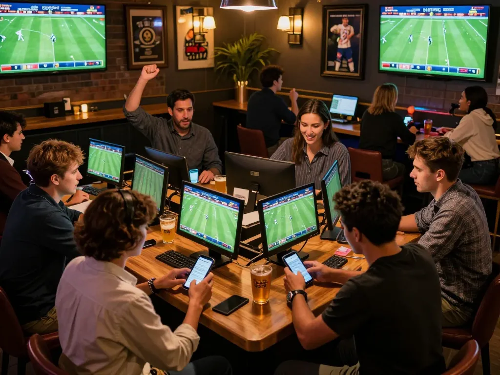 Spectators engaging in soi kèo phạt góc bets at a sports bar while watching live football games