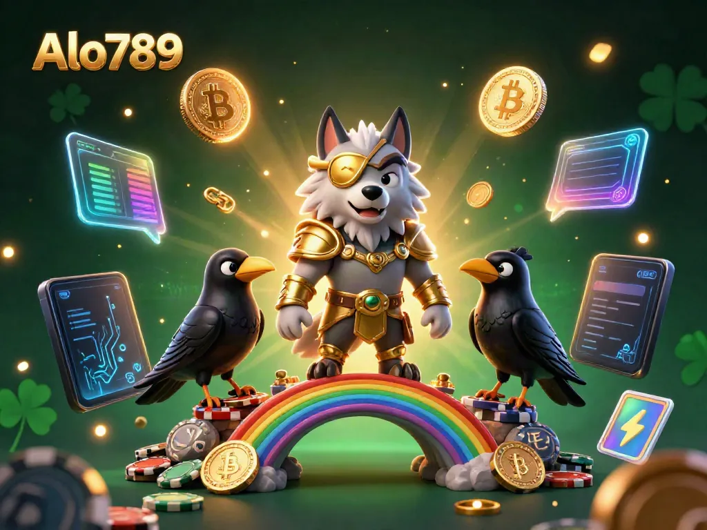 Alo789 captures the excitement of online gambling with a dynamic depiction of Odin the wolf among vibrant casino elements.