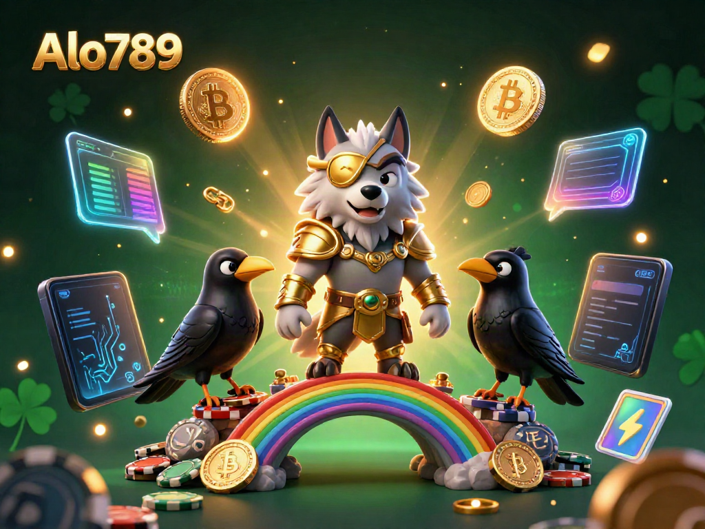 Alo789 captures the excitement of online gambling with a dynamic depiction of Odin the wolf among vibrant casino elements.