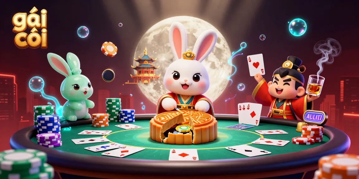 Experience the vibrant scene of gái gọi as the moon rabbit reveals hidden poker chips amidst casino excitement.
