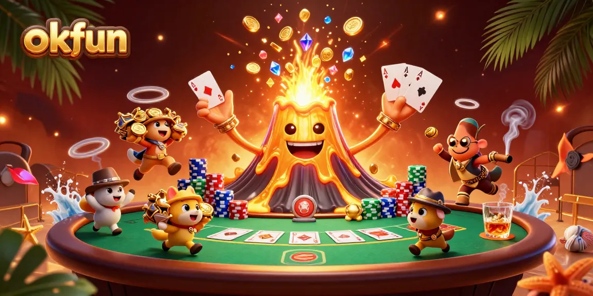 Engage with okfun at this vibrant casino scene showcasing a golden volcano erupting treasure amid poker action.