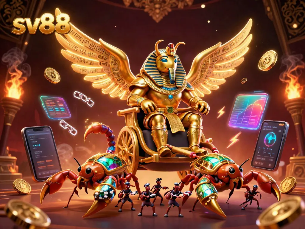 Experience thrilling gaming with sv88 in this vibrant casino-themed 3D illustration featuring rich golden elements.