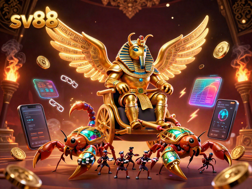 Experience thrilling gaming with sv88 in this vibrant casino-themed 3D illustration featuring rich golden elements.