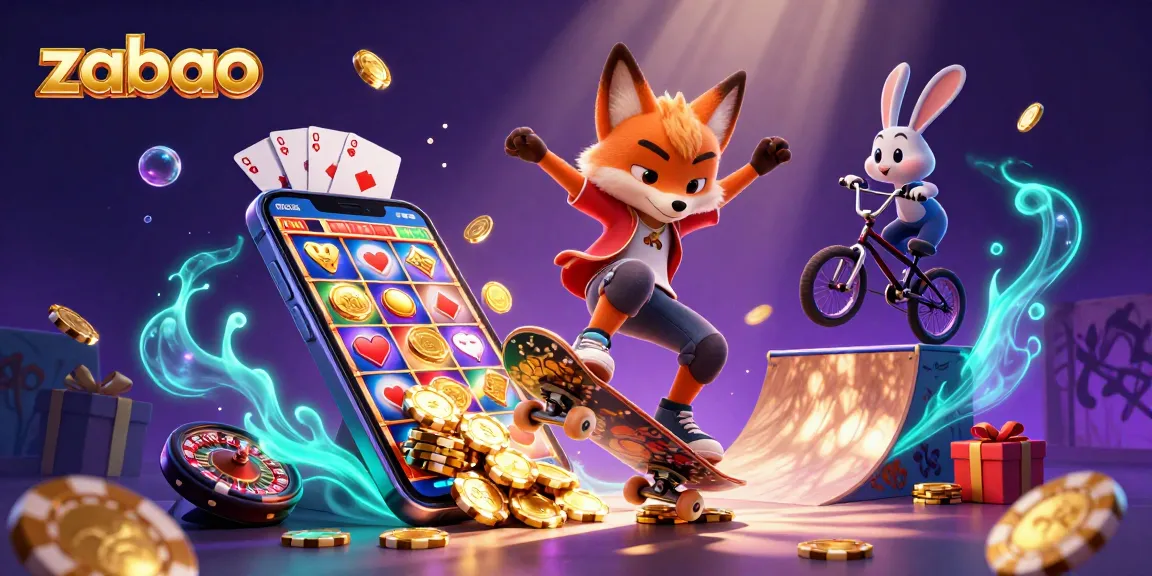 zaobao brings excitement as the skateboarder fox and BMX rabbit showcase gaming tricks in a vibrant casino scene.