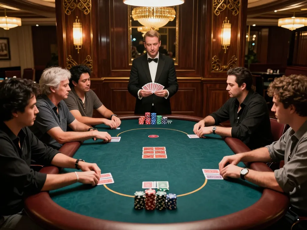 Người chơi LUCK8 tham gia vào các chiến lược poker căng thẳng tại một bàn casino sang trọng