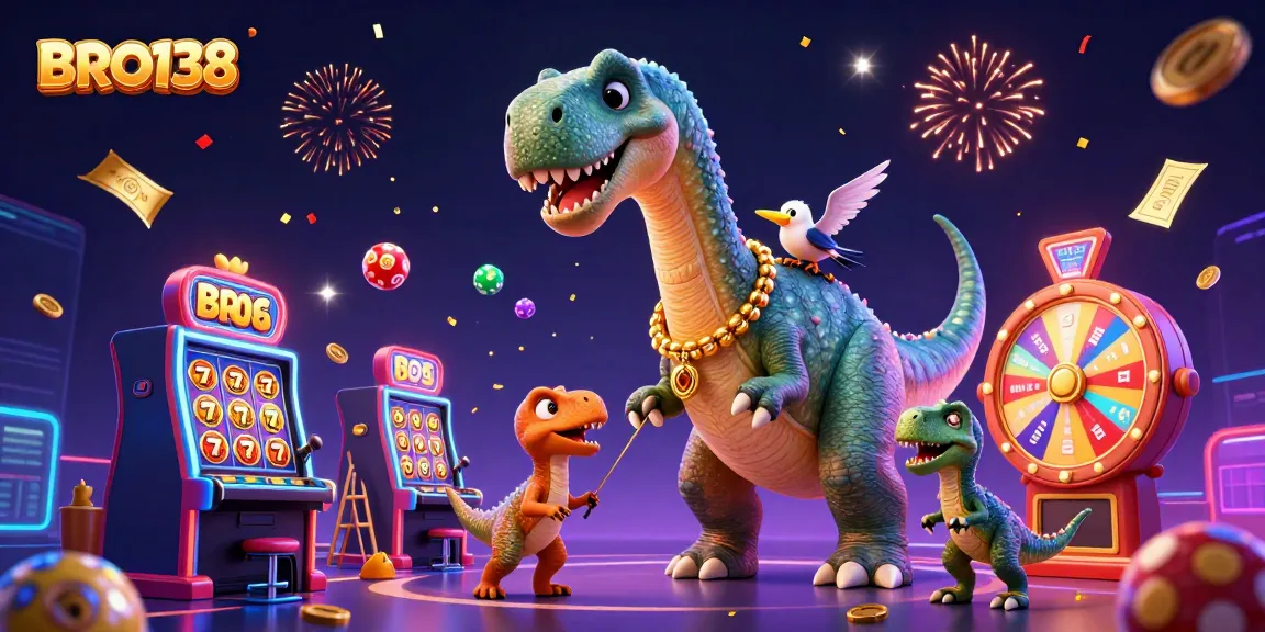 Engage with the exhilarating BRO138 experience featuring a playful brontosaurus in a vibrant casino setting.