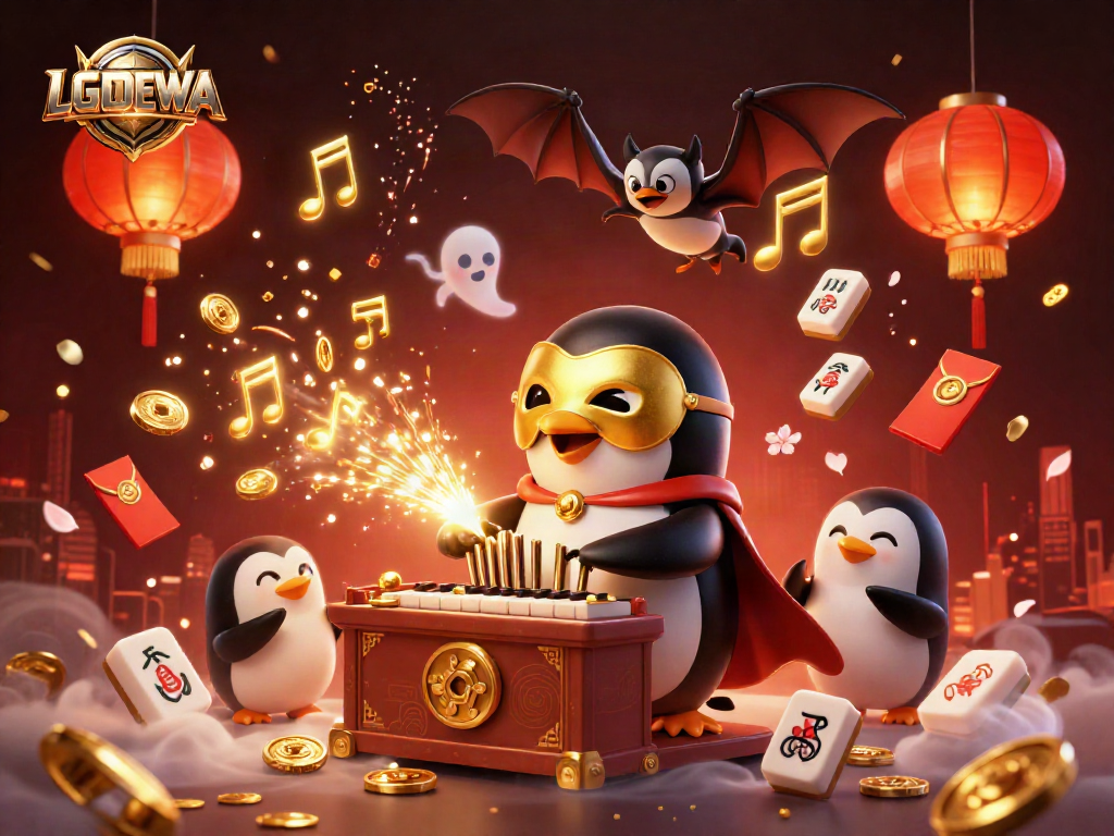 Experience thrilling gaming with LGODEWA as a penguin plays a golden organ crashing coins and acrobatics.