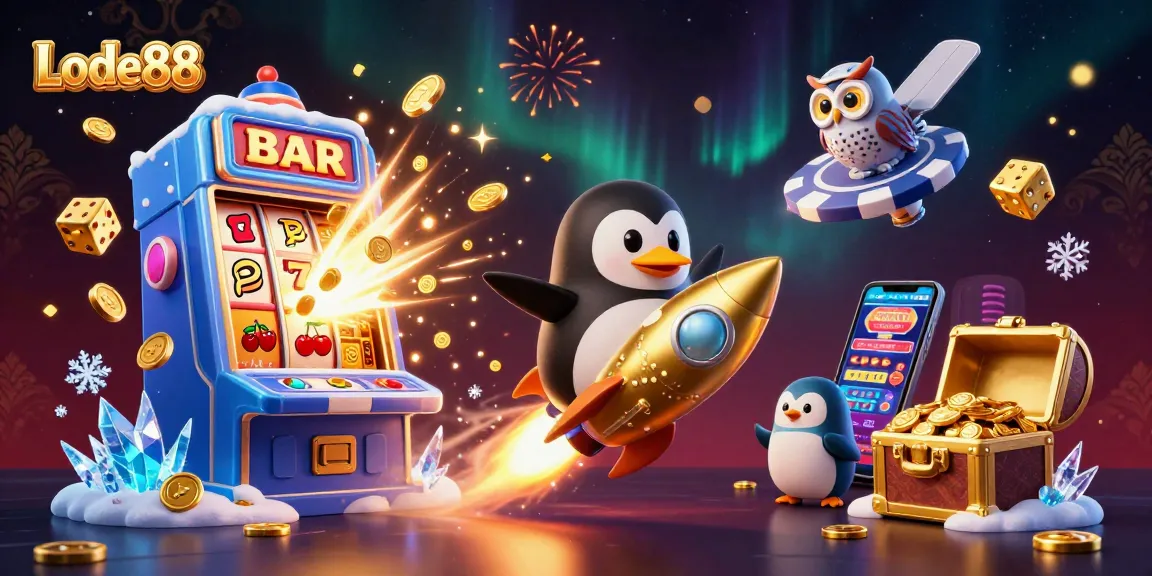 Lode88 showcases a golden penguin rocket in a vibrant casino space scene with dynamic symbols.