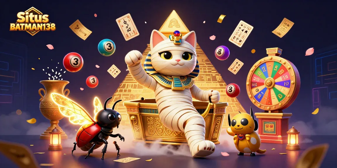 Situs BATMAN138 showcases a lively 3D scene featuring a mummy cat and vibrant gambling elements.