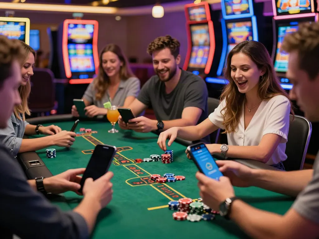 Engaging FABET online gambling scene with players enjoying casino games and the FABET logo visible on smartphones.