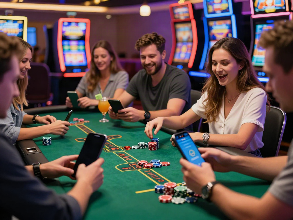 Engaging FABET online gambling scene with players enjoying casino games and the FABET logo visible on smartphones.