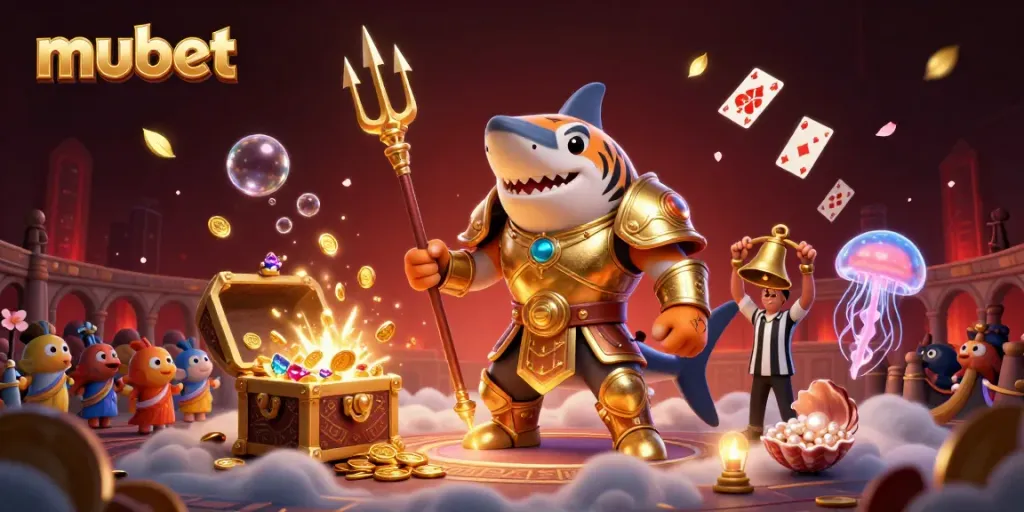 Engage in thrilling experiences with mubet's dynamic underwater casino scene featuring a gladiator shark.