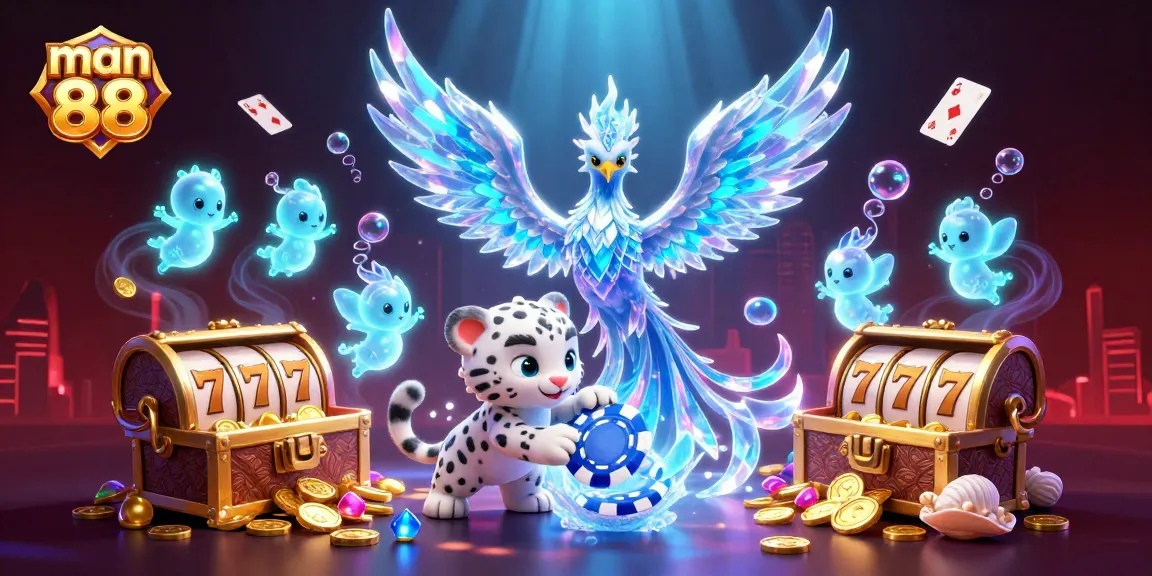 Experience the thrill of man 88 as the ice phoenix and snow leopard play amidst slot reels and vibrant casino treasures.
