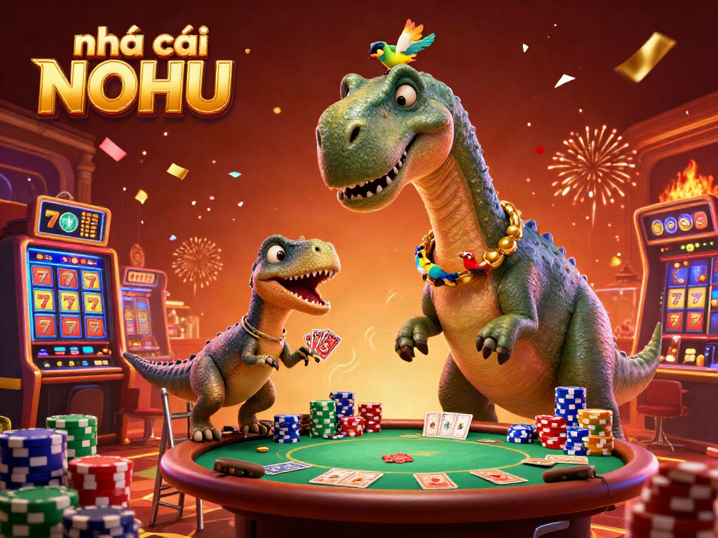 Experience the excitement at nhà cái NOHU with a vibrant 3D scene featuring a dinosaur and raptor at a lively casino table.