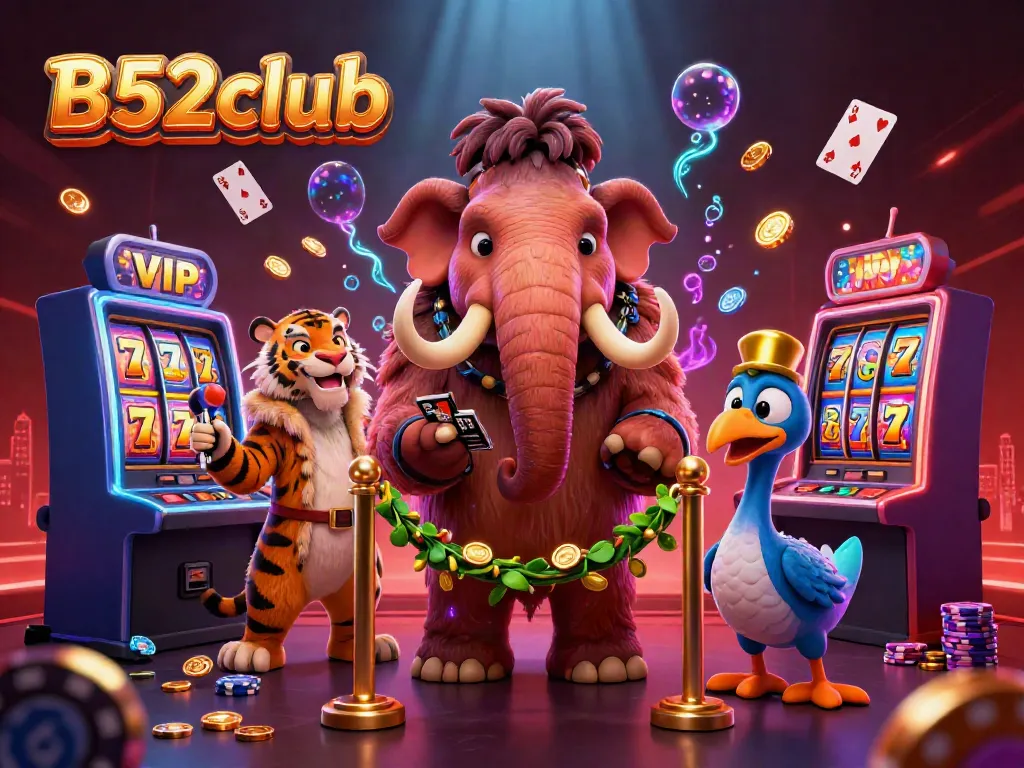 B52club casino scene with a mammoth bouncer, VIP saber-tooth tiger, and dodo doorman engaging in slot action.