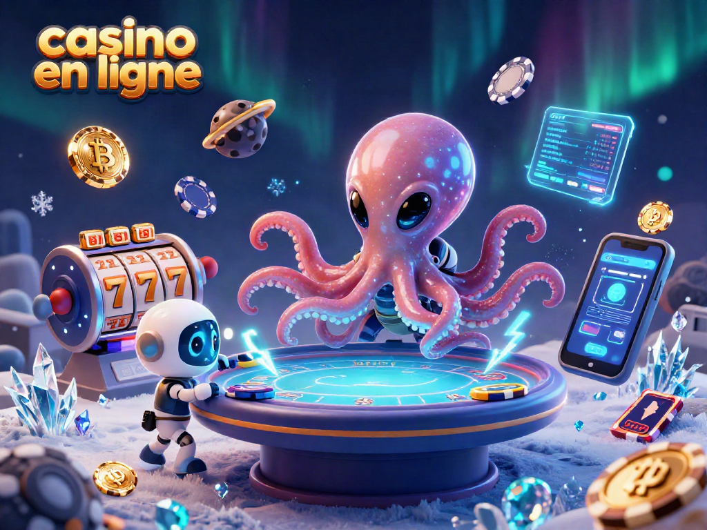 Jouez à des jeux de casino en ligne avec un octopus extraterrestre et un robot dans un univers coloré.