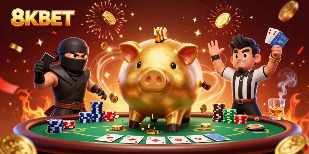 Experience the excitement of 8KBET with a vibrant scene of animated casino characters and game elements.